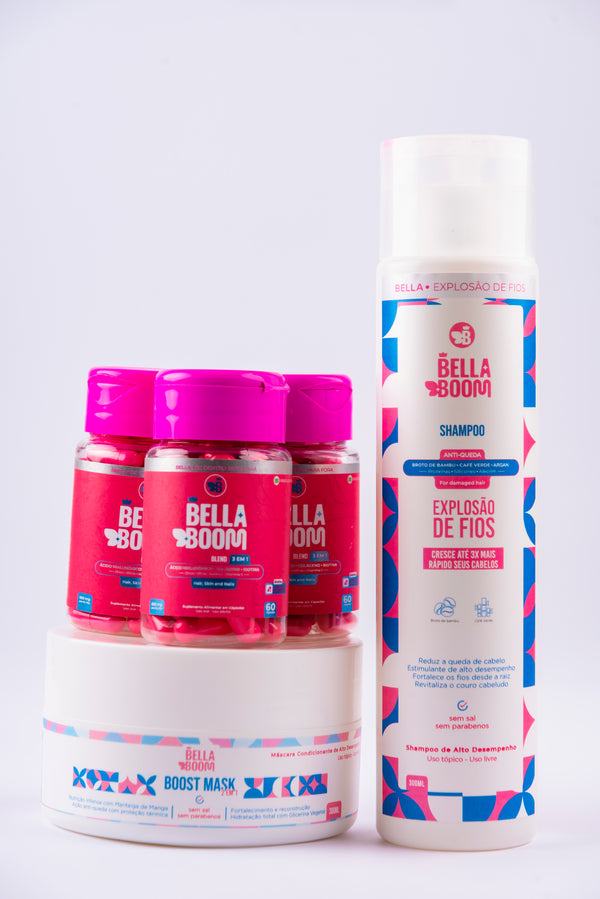 KIT Explosão de Beleza + 3 meses de BellaBoom + Shampoo + Boost Mask 2em1