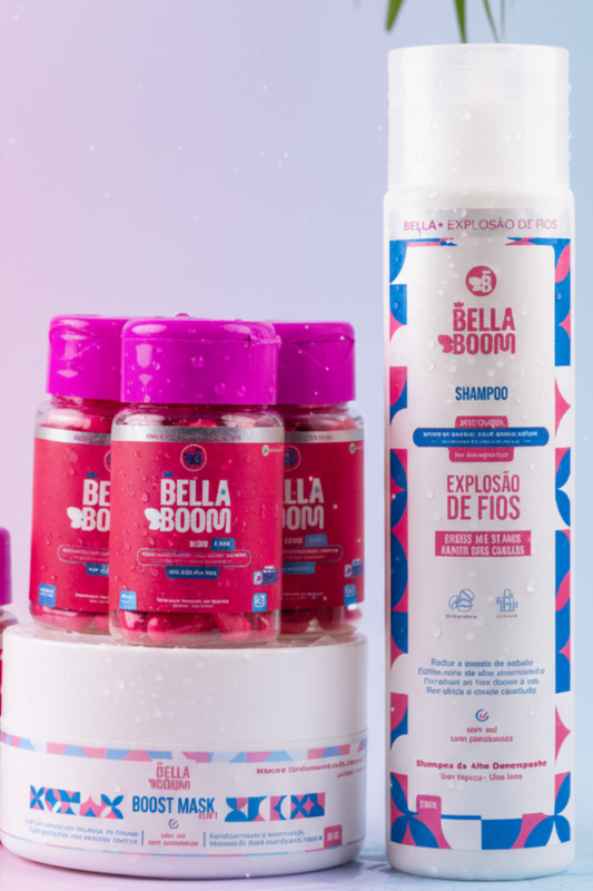 KIT Explosão de Beleza + 3 meses de BellaBoom + Shampoo + Boost Mask 2em1